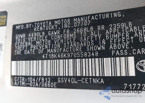 2007 Toyota Camry Le V6 z USA, uszkodzony, nr VIN 4T1BK46K97U558348